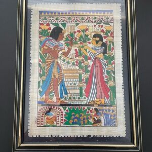 Framed Papyrus Hand Painting Inspired by Ancient Egyptian Art with Gold Accents